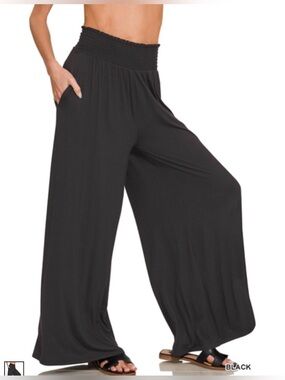 New Zenana Outfitters Smocked Wide-Leg Pants ~ Black